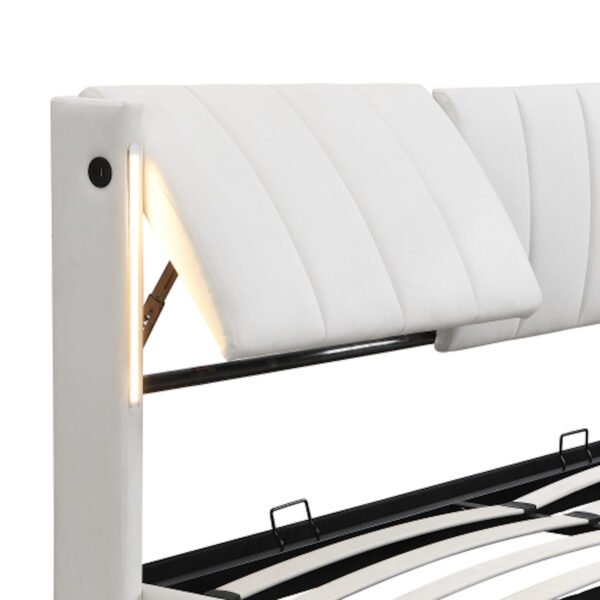 Lit led en simili-cuir avec espace de rangement et tête de lit ajustable, blanc – Image 6