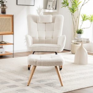Fauteuil à bascule avec coussin et repose-pieds, base stable en bois de caoutchouc