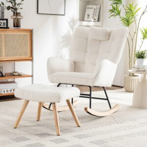 Fauteuil à bascule avec coussin et repose-pieds, base stable en bois de caoutchouc