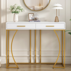 Table d'entrée avec 2 tiroirs, 120x38x76 cm, blanc/or