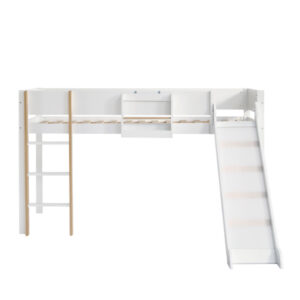 Lit mi-hauteur 90x200 cm en bois avec toboggan, étagère amovible et échelle, couleur blanc et bois naturel