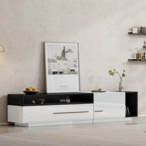 Meuble TV en haute brillance avec tiroir, porte et compartiment ouvert