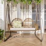 Balancelle de jardin 2 places en rotin PE, dossier confortable, cadre marron et coussins beiges_2