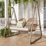 Balancelle de jardin 2 places en rotin PE, dossier confortable, cadre marron et coussins beiges_4