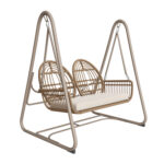 Balancelle de jardin 2 places en rotin PE, dossier confortable, cadre marron et coussins beiges_5