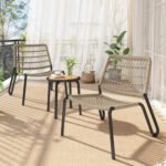 Ensemble bistro 3 pièces, mobilier de balcon en acier galvanisé, corde tressée à la main, plateau en bois massi，beige_16