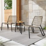 Ensemble bistro 3 pièces, mobilier de balcon en acier galvanisé, corde tressée à la main, plateau en bois massi，beige_4