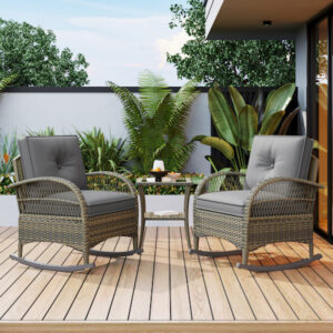 Ensemble de balcon en rotin tressé 3 pièces, plateau en acacia haut de gamme