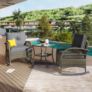 Ensemble de balcon en rotin tressé 3 pièces, plateau en acacia haut de gamme