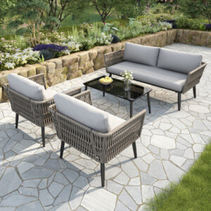 Ensemble de jardin 4 places en corde tressée, gris