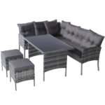 Ensemble de jardin 7 places en polyrotin, avec canapé, table, pouf et coussins, housses en tissu amovibles et lavables, gris_1
