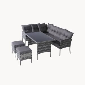 Ensemble de jardin 7 places en rotin, gris