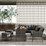 Ensemble de jardin 7 places en polyrotin, avec canapé, table, pouf et coussins, housses en tissu amovibles et lavables, gris_5
