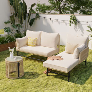 Ensemble de salon de jardin combinable librement en corde tissée, cadre en métal