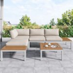 Ensemble fauteuil lounge de jardin avec 2 canapés 2 places, 2 tables d’appoint et 1 table, beige_9
