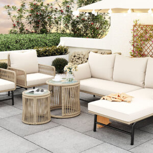 Ensemble lounge de jardin combinable librement 6 places en fer et corde beige