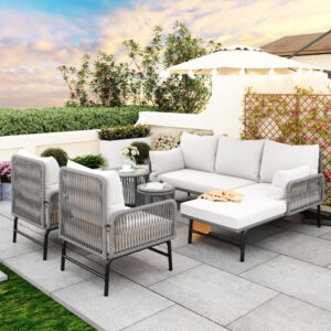 Ensemble lounge de jardin combinable librement 6 places en fer et corde gris