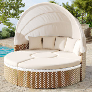île solaire en rotin avec toit rétractable et table surélevable, beige