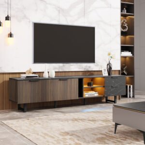 Meuble TV de 200 cm avec effet marbre noir et éclairage LED réglable