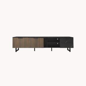Meuble TV de 200 cm avec effet marbre noir et éclairage LED réglable