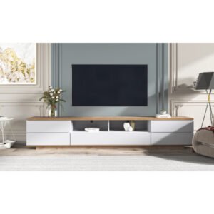 Meuble TV moderne, finition blanche avec veinure bois, 180 cm