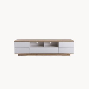 Meuble TV moderne, finition blanche avec veinure bois, 180 cm