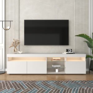 Meuble tv blanc avec éclairage led, deux compartiments et quatre grands tiroirs