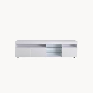 Meuble tv blanc avec éclairage led, deux compartiments et quatre grands tiroirs