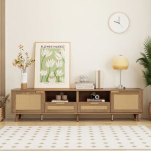 Meuble TV en bois avec design en rotin véritable et pieds en bois massif