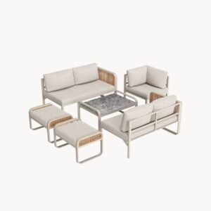Salon de jardin 6-7 places en rotin, structure en fer, avec coussins, beige