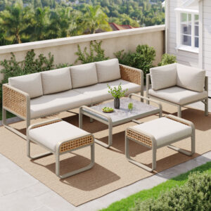 Salon de jardin 6-7 places en rotin, structure en fer, avec coussins, beige