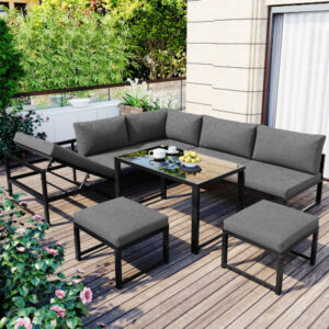Ensemble lounge de jardin 8 places avec fauteuils à dossier inclinable 4 positions – Gris élégant