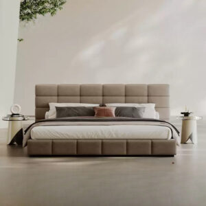 Lit Épure en tissu suédine microfibre à aspect mat taupe