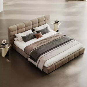 Lit Épure en tissu suédine microfibre à aspect mat taupe