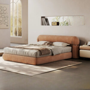 Lit design en tissu suédine microfibre à aspect mat, couleur marron
