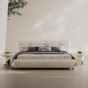 Lit double en tissu suédine microfibre à aspect mat, couleur Beige
