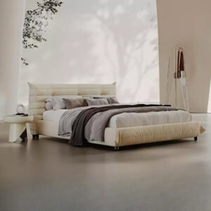 Lit double en tissu suédine microfibre à aspect mat, couleur Beige