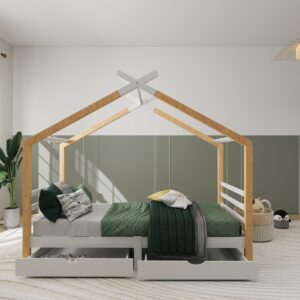 Lit cabane enfant en bois massif 90x200 cm avec sommier