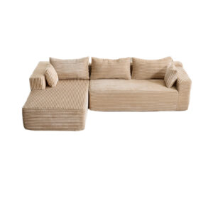 Canapé d’angle en tissu côtelé beige, style moderne et ambiance chaleureuse