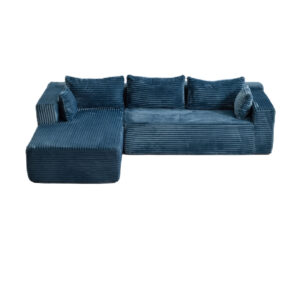 Canapé d’angle en tissu côtelé bleu marine, lignes épurées et charme intemporel