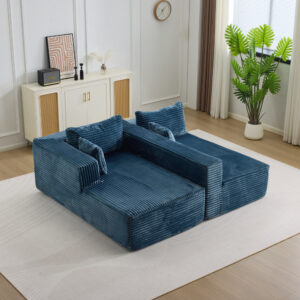 Canapé d’angle en tissu côtelé bleu marine, lignes épurées et charme intemporel