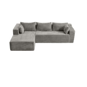 Canapé d’angle en tissu côtelé gris clair, design contemporain et assise confortable