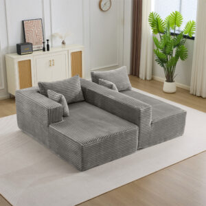 Canapé d’angle en tissu côtelé gris clair, design contemporain et assise confortable