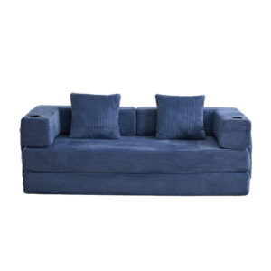 Canapé droit en velours côtelé bleu, design moderne et lignes épurées