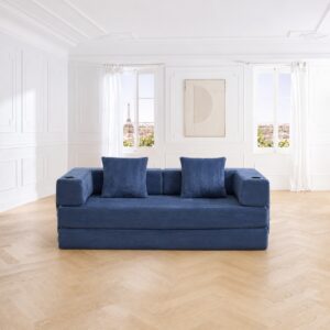 Canapé droit en velours côtelé bleu, design moderne et lignes épurées
