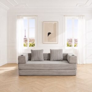 Canapé droit en velours côtelé gris, design moderne et lignes épurées