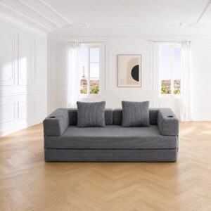 Canapé droit en velours côtelé gris foncé, design moderne et lignes épurées
