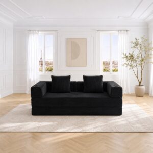 Canapé droit en velours côtelé noir, design moderne et lignes épurées