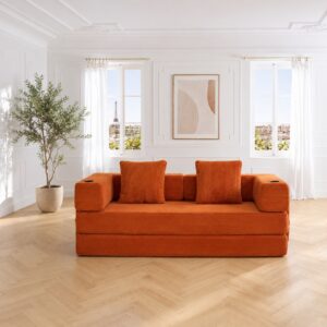 Canapé droit en velours côtelé orange, design moderne et lignes épurées