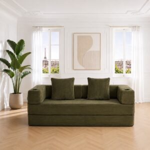 Canapé droit en velours côtelé olive, design moderne et lignes épurées